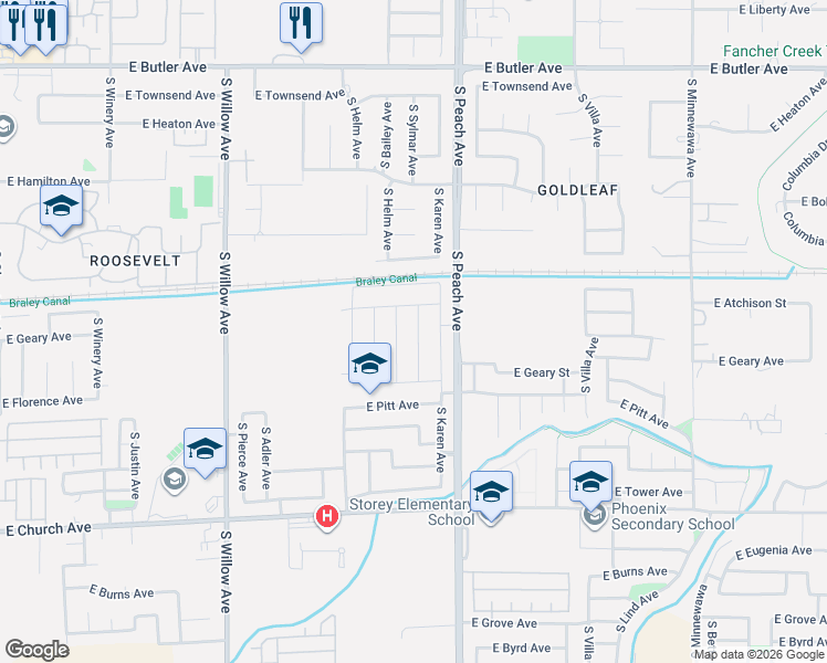 map of restaurants, bars, coffee shops, grocery stores, and more near 2122 South Peach Avenue in Fresno