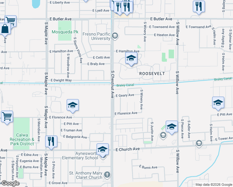 map of restaurants, bars, coffee shops, grocery stores, and more near 4814 East Geary Avenue in Fresno