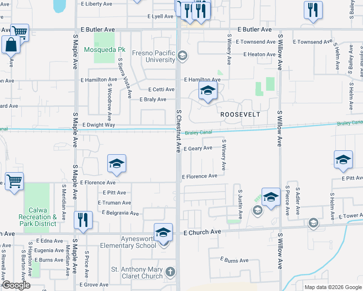 map of restaurants, bars, coffee shops, grocery stores, and more near 4814 East Geary Street in Fresno
