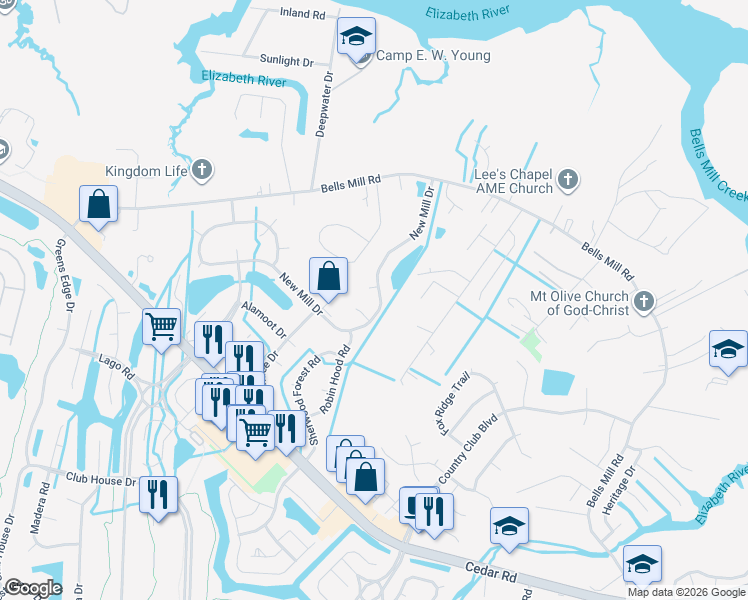 map of restaurants, bars, coffee shops, grocery stores, and more near 1017 New Mill Drive in Chesapeake