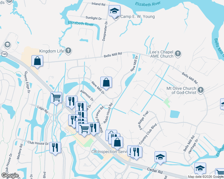 map of restaurants, bars, coffee shops, grocery stores, and more near 905 Staffordshire Court in Chesapeake