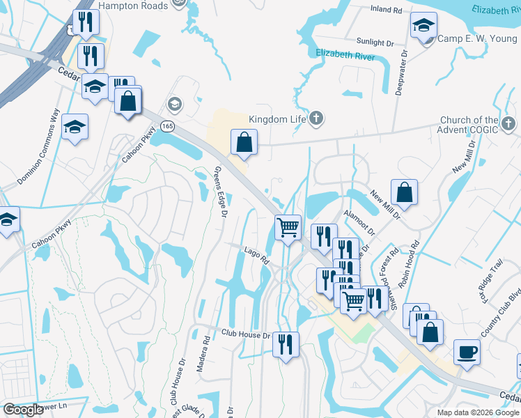 map of restaurants, bars, coffee shops, grocery stores, and more near 1201 Ampo Court in Chesapeake