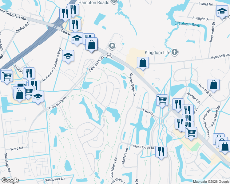 map of restaurants, bars, coffee shops, grocery stores, and more near 1428 Scoonie Pointe Drive in Chesapeake