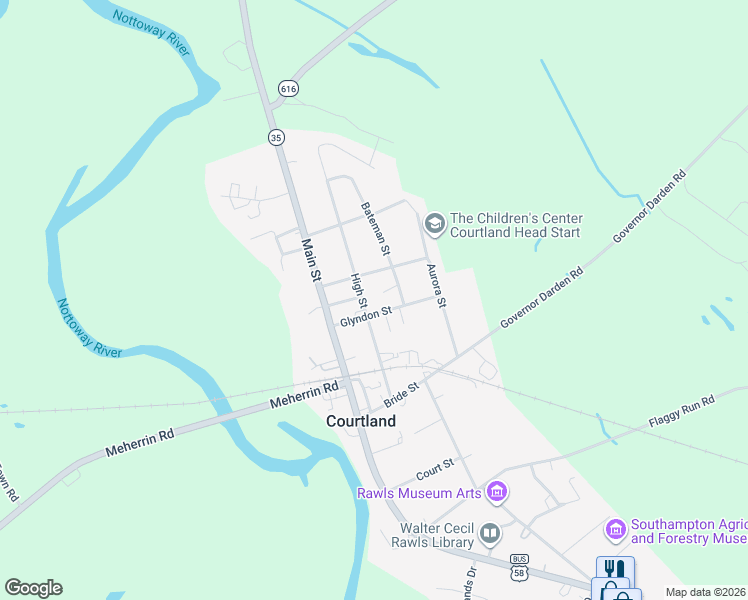 map of restaurants, bars, coffee shops, grocery stores, and more near 25500 Glyndon Street in Courtland