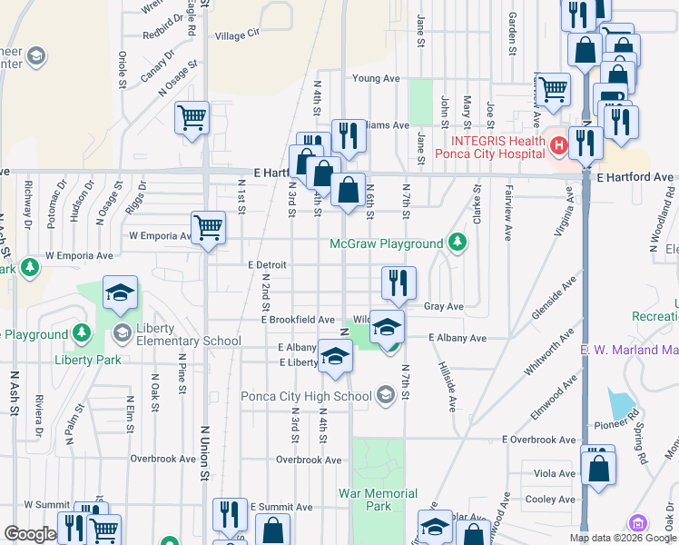 map of restaurants, bars, coffee shops, grocery stores, and more near 501 East Comanche Avenue in Ponca City