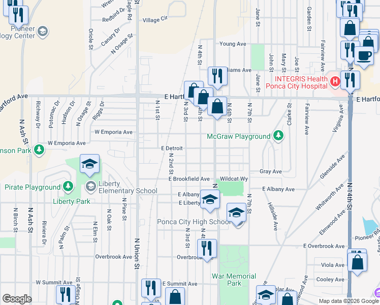 map of restaurants, bars, coffee shops, grocery stores, and more near 1410 North 3rd Street in Ponca City