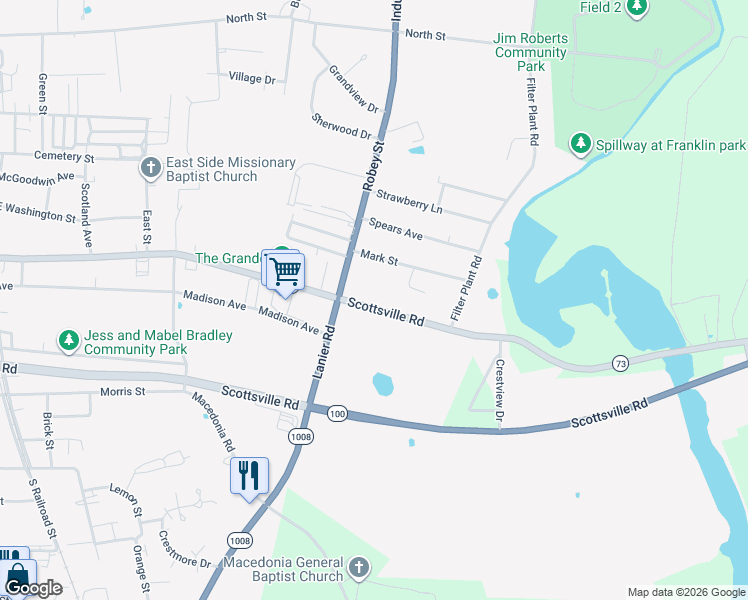 map of restaurants, bars, coffee shops, grocery stores, and more near 800-998 E Cedar St in Franklin