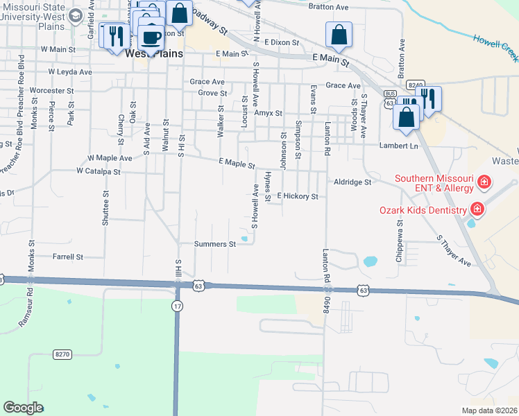 map of restaurants, bars, coffee shops, grocery stores, and more near 743-799 Johnson St in West Plains