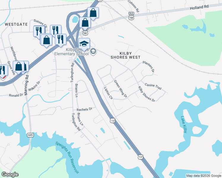 map of restaurants, bars, coffee shops, grocery stores, and more near 1505 Blue Wing Lane in Suffolk