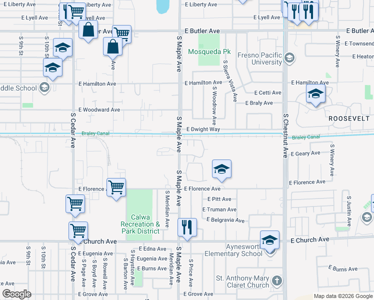 map of restaurants, bars, coffee shops, grocery stores, and more near 2121 South Maple Avenue in Fresno