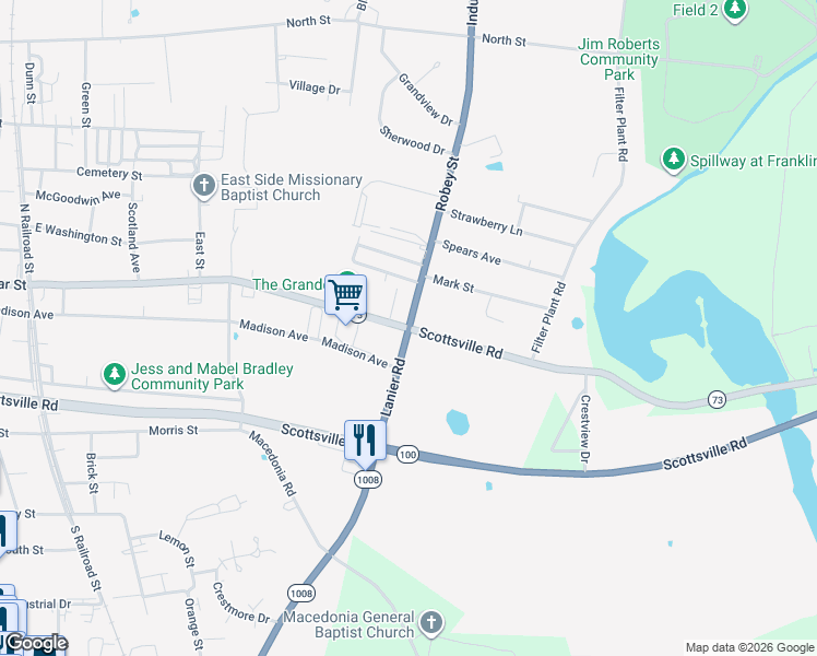 map of restaurants, bars, coffee shops, grocery stores, and more near 800 East Cedar Street in Franklin