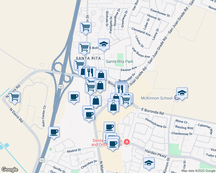 map of restaurants, bars, coffee shops, grocery stores, and more near 55 San Juan Grade Road in Salinas