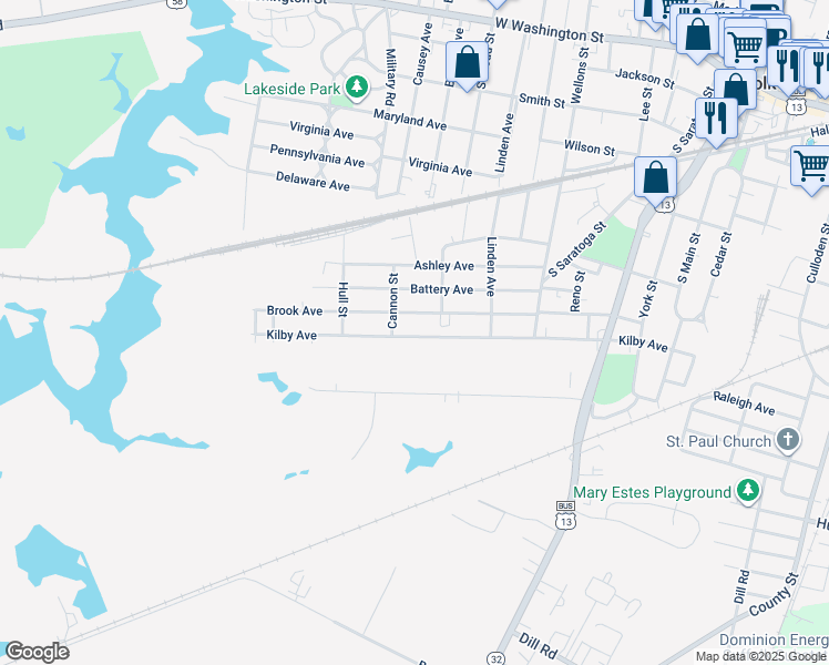 map of restaurants, bars, coffee shops, grocery stores, and more near 716 Kilby Avenue in Suffolk