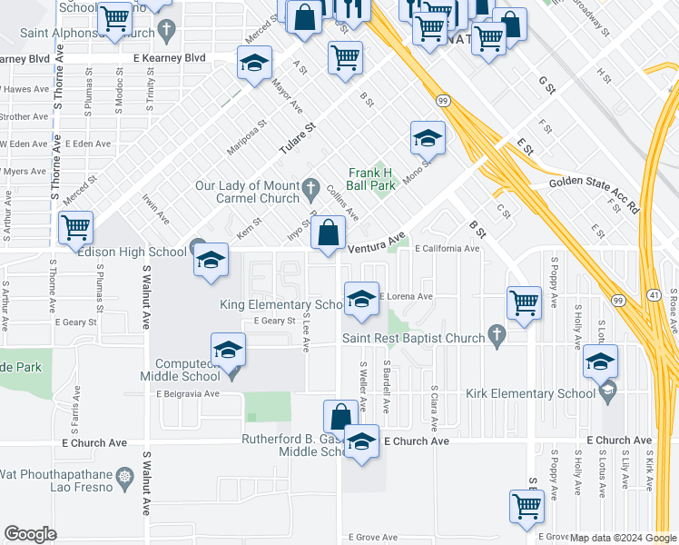map of restaurants, bars, coffee shops, grocery stores, and more near 855 East Lorena Avenue in Fresno
