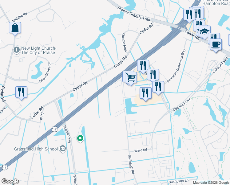 map of restaurants, bars, coffee shops, grocery stores, and more near 668 Shillelagh Road in Chesapeake