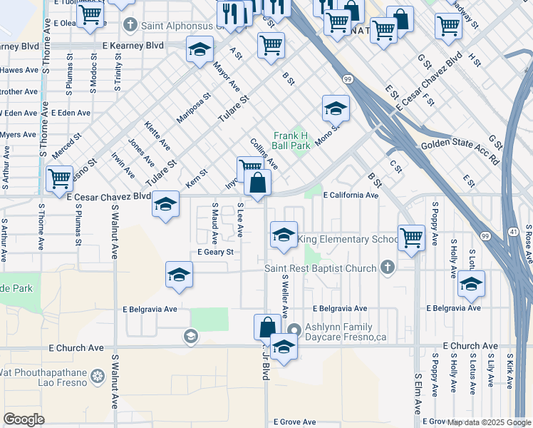 map of restaurants, bars, coffee shops, grocery stores, and more near 855 East Lorena Avenue in Fresno