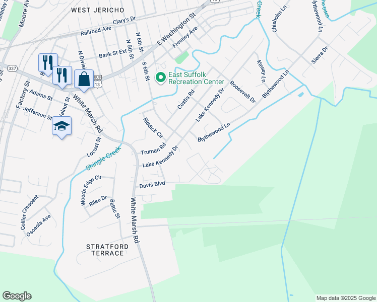 map of restaurants, bars, coffee shops, grocery stores, and more near 609 South 6th Street in Suffolk