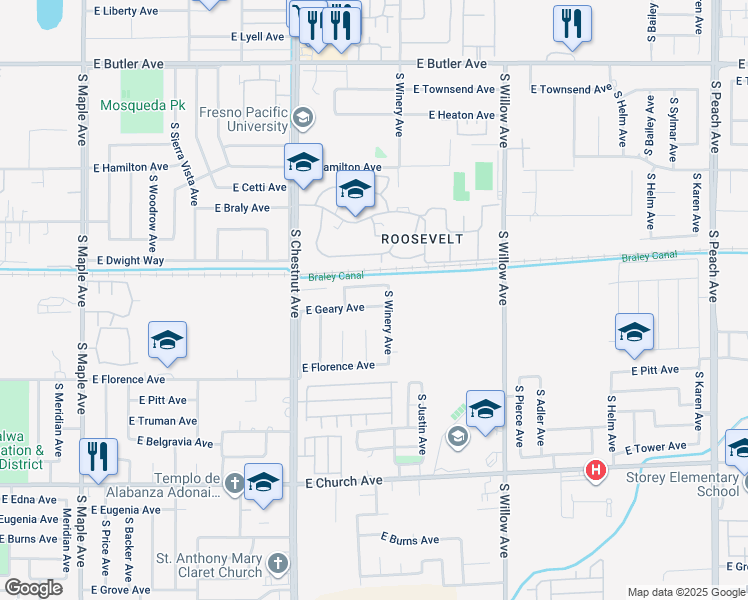 map of restaurants, bars, coffee shops, grocery stores, and more near 4883 East Geary Avenue in Fresno