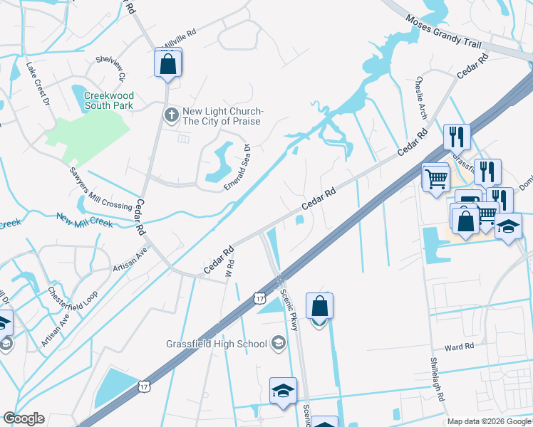 map of restaurants, bars, coffee shops, grocery stores, and more near 2064 Cedar Road in Chesapeake
