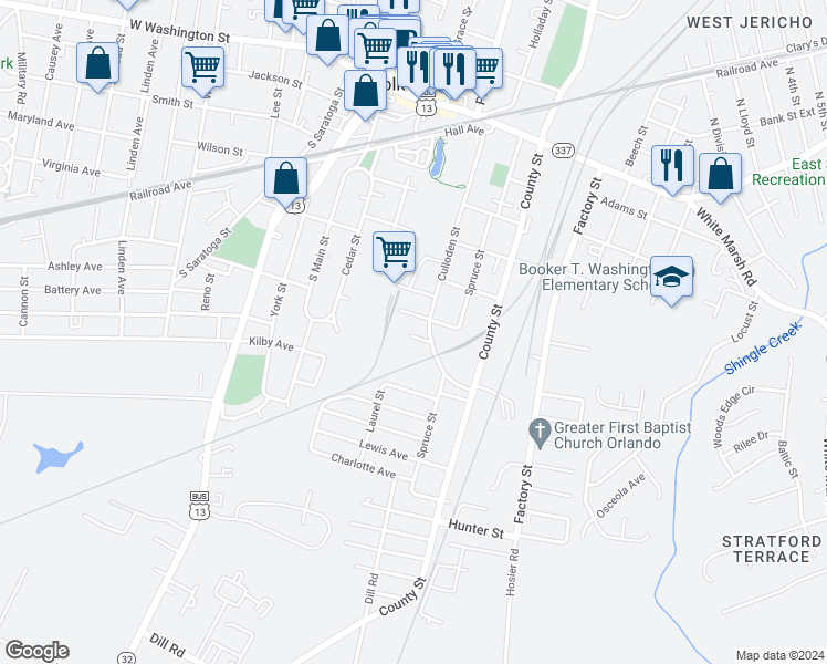 map of restaurants, bars, coffee shops, grocery stores, and more near 214 Knight Street in Suffolk