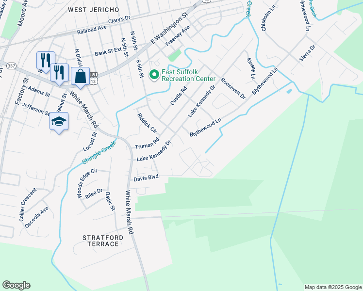 map of restaurants, bars, coffee shops, grocery stores, and more near 609 South 6th Street in Suffolk