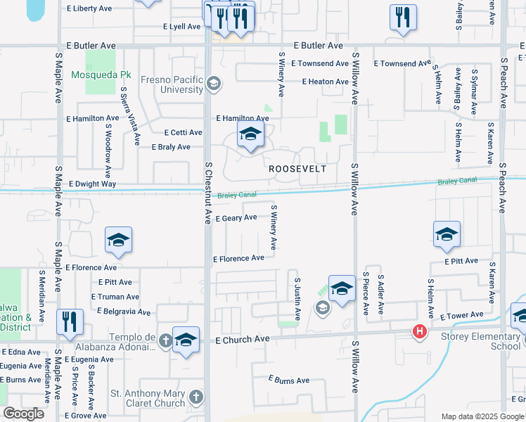 map of restaurants, bars, coffee shops, grocery stores, and more near 4883 East Geary Avenue in Fresno