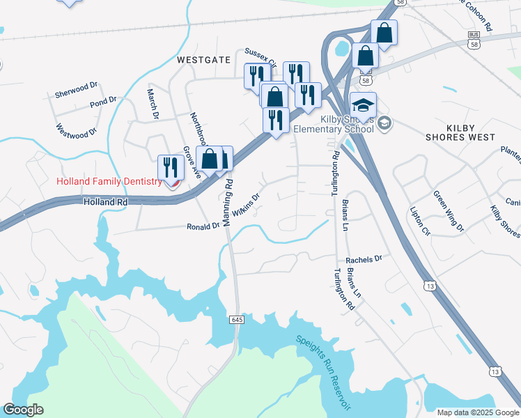map of restaurants, bars, coffee shops, grocery stores, and more near 128 Porter Circle in Suffolk