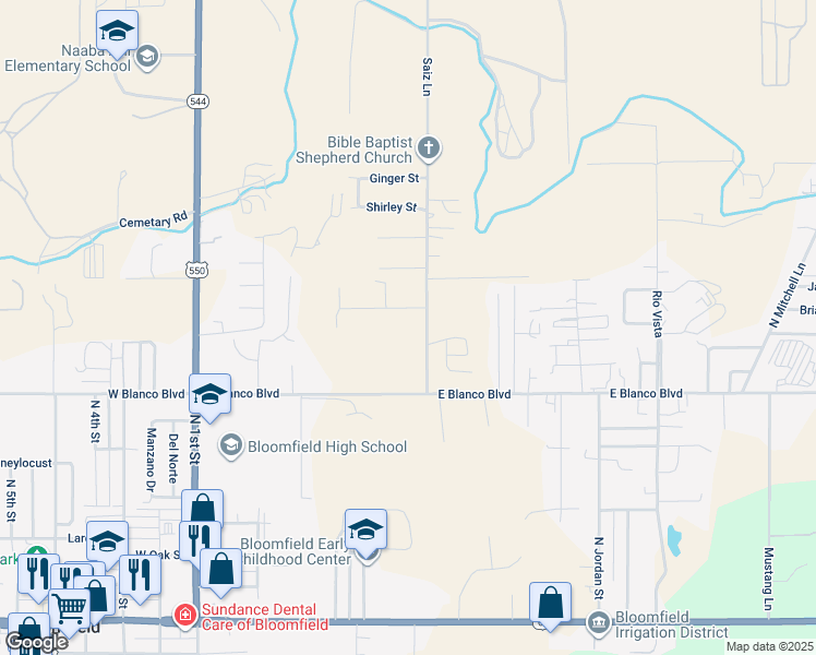 map of restaurants, bars, coffee shops, grocery stores, and more near 605 Curtis Lane in Bloomfield