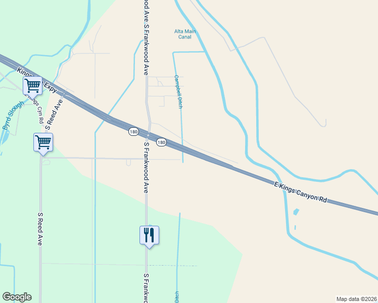 map of restaurants, bars, coffee shops, grocery stores, and more near 19184 California 180 in Sanger
