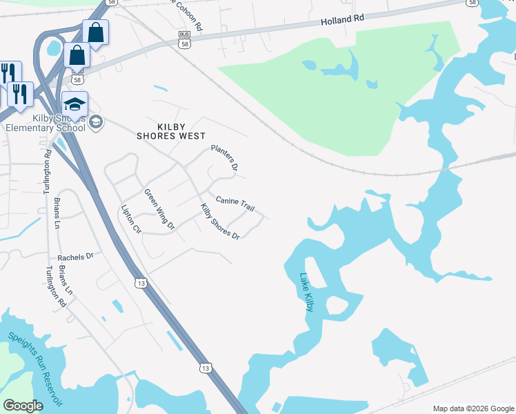 map of restaurants, bars, coffee shops, grocery stores, and more near 520 Canine Trail in Suffolk