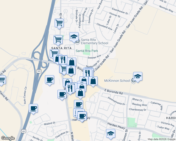 map of restaurants, bars, coffee shops, grocery stores, and more near 55 San Juan Grade Road in Salinas