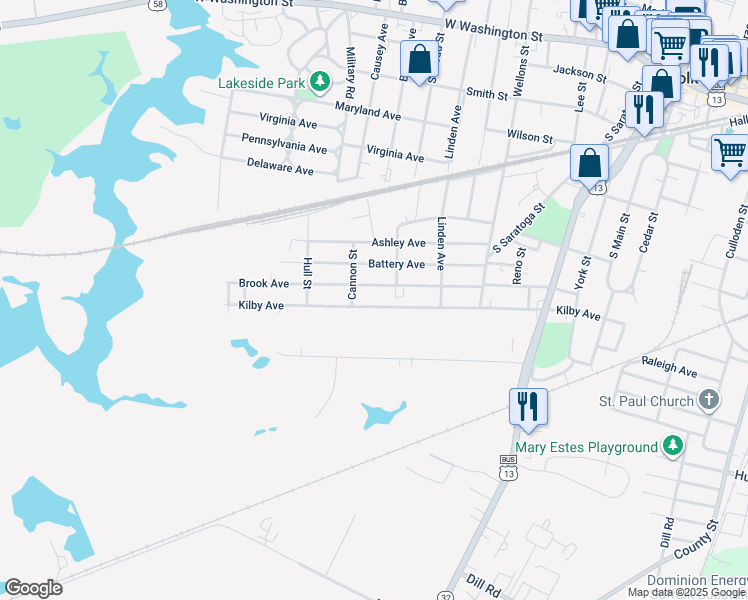 map of restaurants, bars, coffee shops, grocery stores, and more near 716 Kilby Avenue in Suffolk