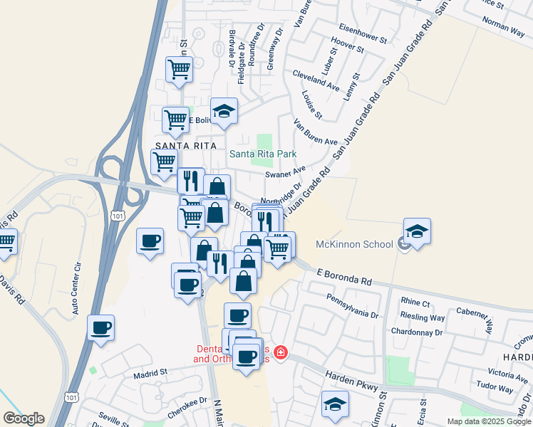 map of restaurants, bars, coffee shops, grocery stores, and more near 55 San Juan Grade Road in Salinas