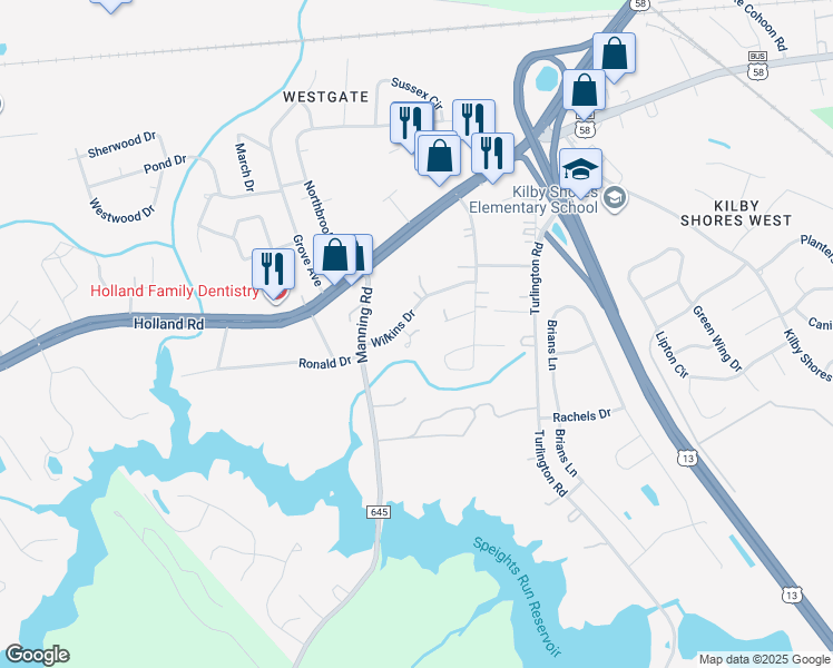 map of restaurants, bars, coffee shops, grocery stores, and more near 128 Porter Circle in Suffolk