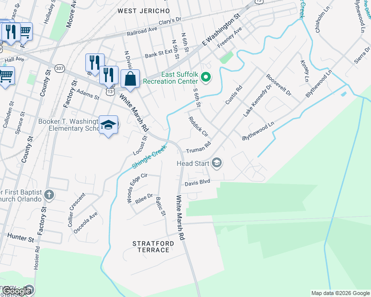map of restaurants, bars, coffee shops, grocery stores, and more near 1213 White Marsh Road in Suffolk