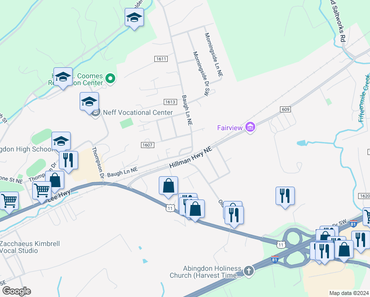 map of restaurants, bars, coffee shops, grocery stores, and more near Smartview Lane in Abingdon