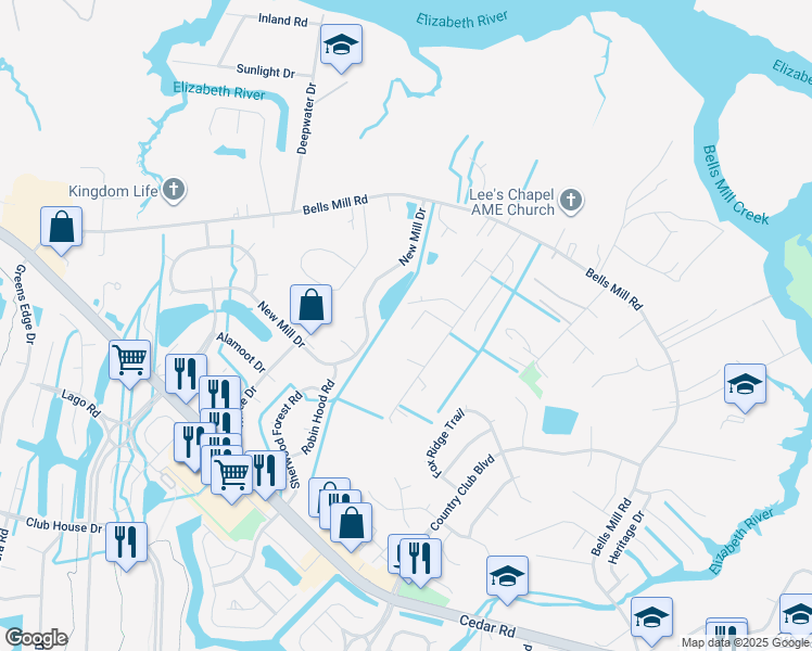 map of restaurants, bars, coffee shops, grocery stores, and more near 1116 Ricks Court in Chesapeake
