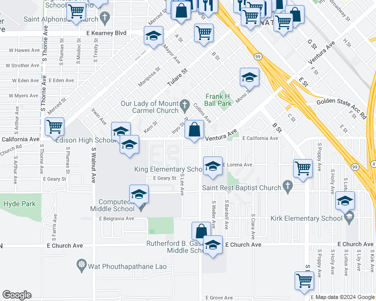 map of restaurants, bars, coffee shops, grocery stores, and more near 855 East Lorena Avenue in Fresno