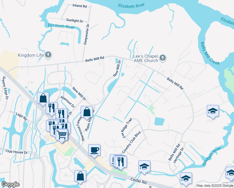 map of restaurants, bars, coffee shops, grocery stores, and more near 1116 Ricks Court in Chesapeake