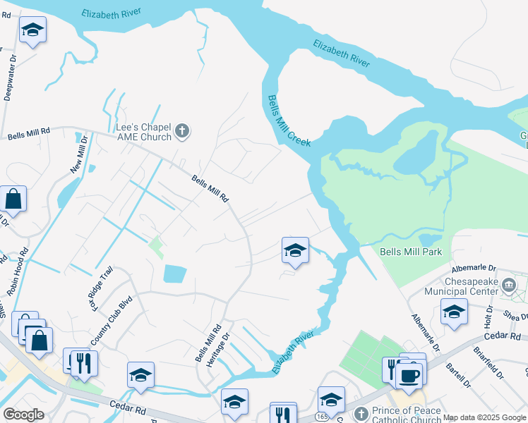 map of restaurants, bars, coffee shops, grocery stores, and more near 932 Barnwell Lane in Chesapeake