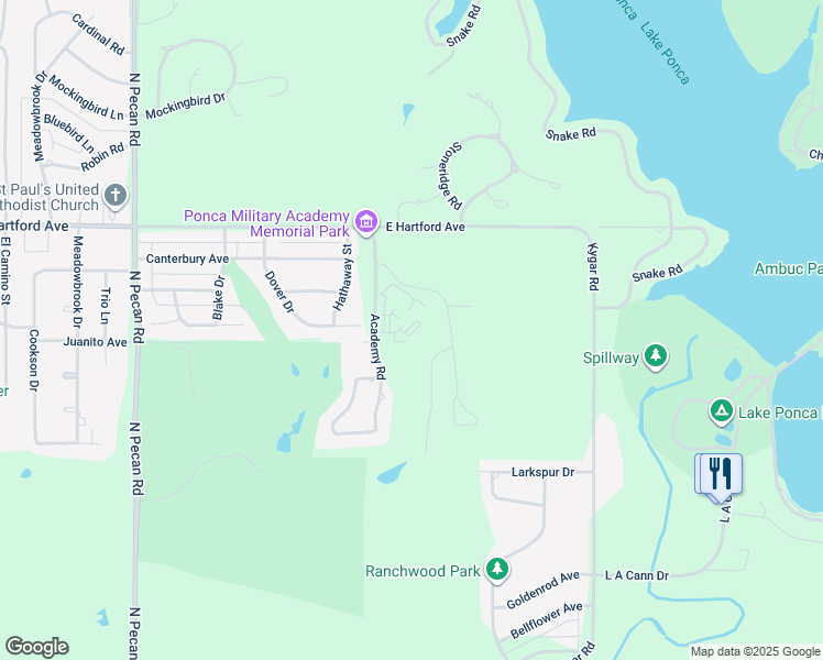 map of restaurants, bars, coffee shops, grocery stores, and more near 1601 Academy Road in Ponca City