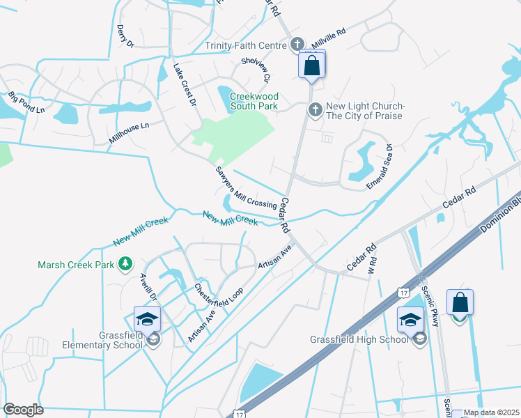 map of restaurants, bars, coffee shops, grocery stores, and more near 310 Sawyers Mill Crossing in Chesapeake