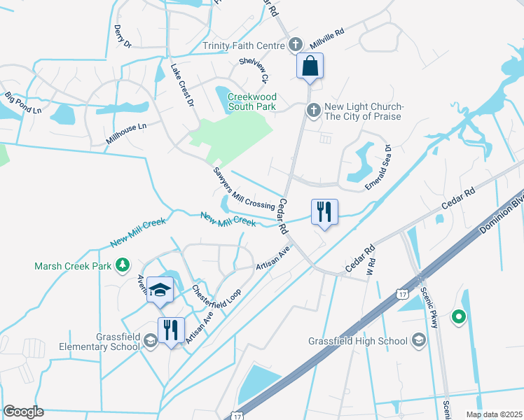 map of restaurants, bars, coffee shops, grocery stores, and more near 308 Sawyers Mill Crossing in Chesapeake