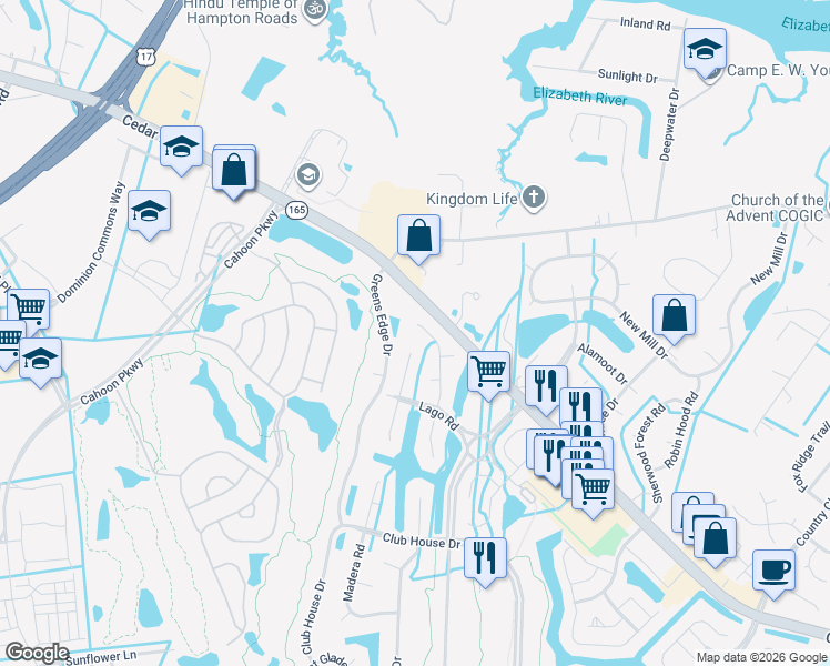 map of restaurants, bars, coffee shops, grocery stores, and more near 304 Rio Drive in Chesapeake