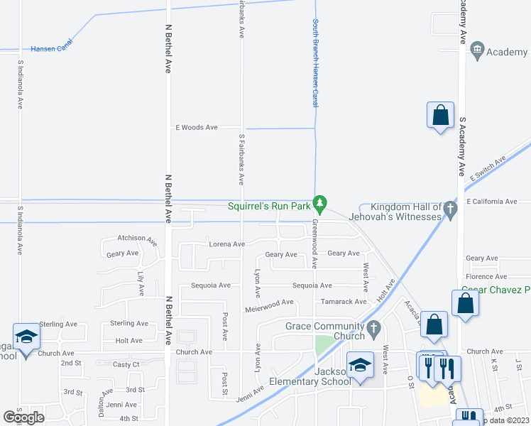 map of restaurants, bars, coffee shops, grocery stores, and more near 2229 Oak Avenue in Sanger