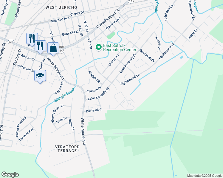 map of restaurants, bars, coffee shops, grocery stores, and more near 602 Alexander Court in Suffolk