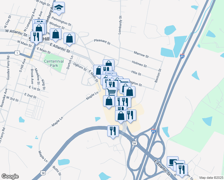 map of restaurants, bars, coffee shops, grocery stores, and more near 715 East Atlantic Street in South Hill