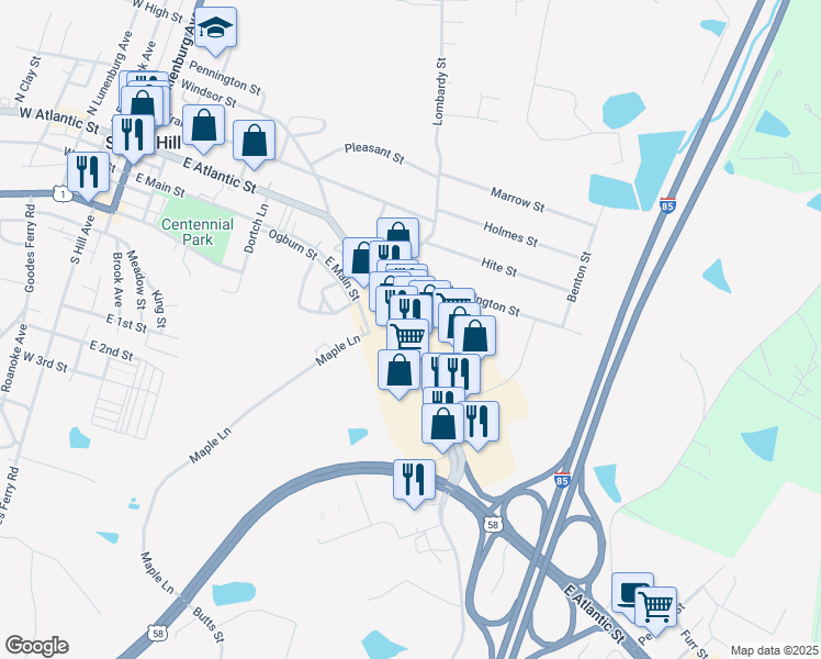 map of restaurants, bars, coffee shops, grocery stores, and more near 715 East Atlantic Street in South Hill