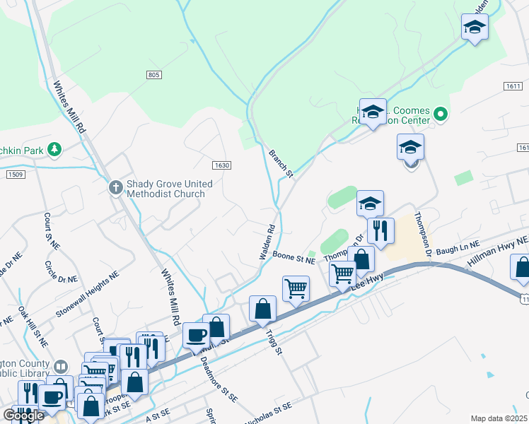 map of restaurants, bars, coffee shops, grocery stores, and more near 261 Gray Drive in Abingdon