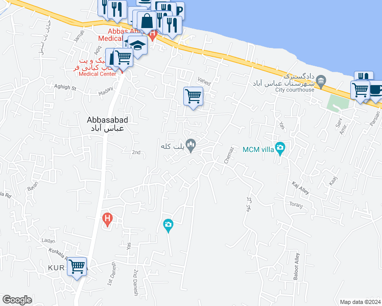 map of restaurants, bars, coffee shops, grocery stores, and more near Mehr Alley in Abbasabad